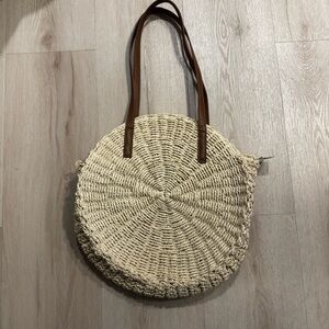 Cream and Brown Woven Tote with Structured Design